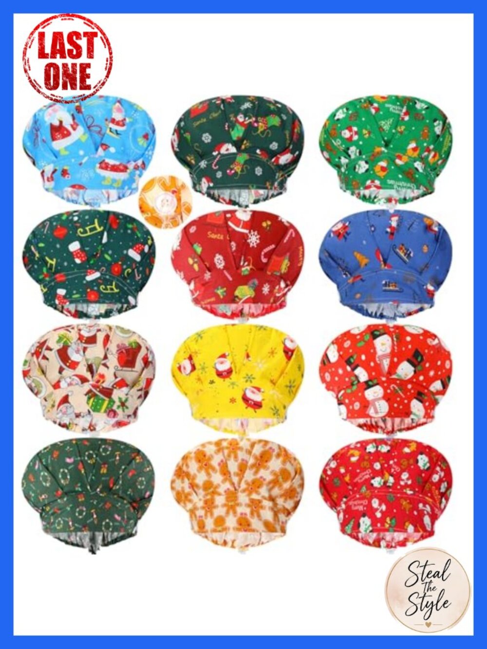 12 Pcs Christmas Scrub Cap with Buttons Sweatband Adjustable Surgical Working
